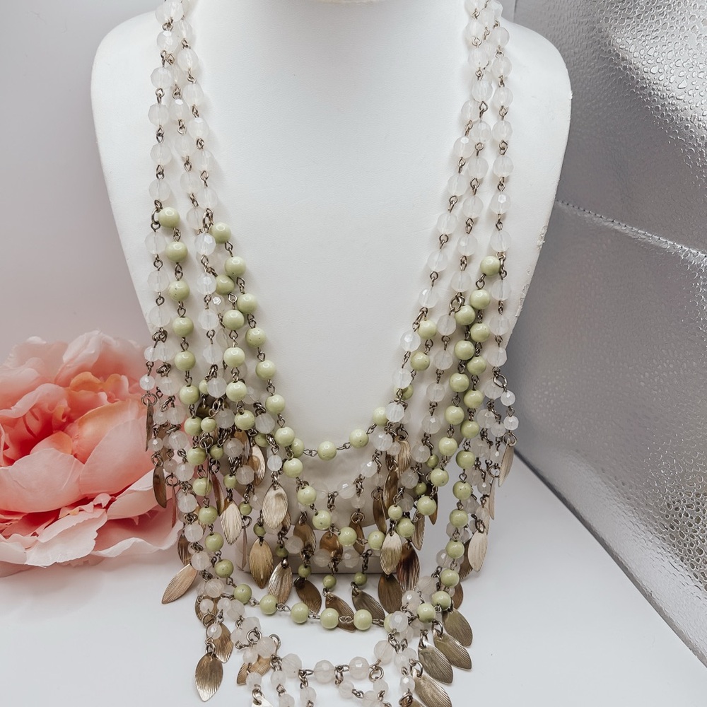 VTG RJ Graziano gold toned  Leaf Beaded Statement Necklace green white